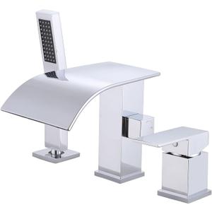Waterfall Roman Tub Faucet with Hand Shower, Deck Mount Tub Filler Bathtub Faucet with Sprayer, Single Handle Bathtub Faucet Set, Brass Widespread 3 Hole Bathtub Shower Faucet Set, Chrome