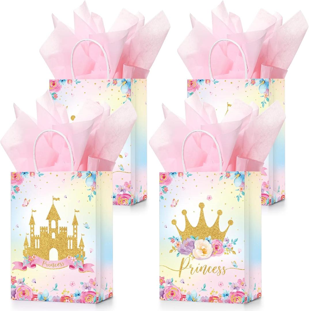 Nezyo 16 Pcs Princess Prince Party Favor Bags Prince Princess Goodie Gift Candy Bags for Birthday Baby Shower Party Favors (Pink Crown and Castle)