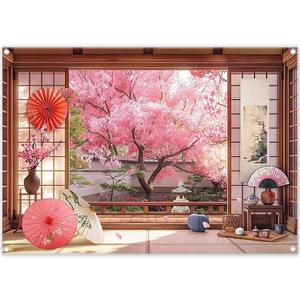 7x5ft Fabric Spring Cherry Blossoms Backdrop Japanese Sakura Garden Photography Background Room Courtyard Indoor Party Decorations Photo Banner Props