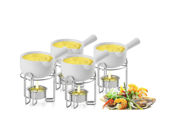 Artestia Butter Warmer for Seafood Set of 4, Ceramic Lobster Butter Warmers with 4 Pieces Tealight Candles for Melting Butter, Chocolate, with Handle, Dishwasher Safe, White