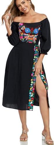 YZXDORWJ Women's Mexican Dress Boho Embroidered Summer Casual Off Shoulder Short Vacation Dress XL