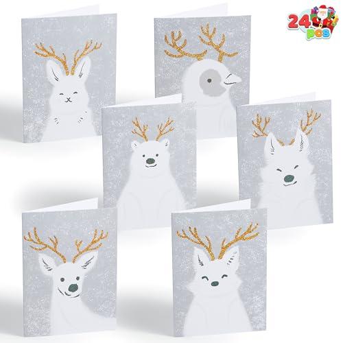 JOYIN 24 PCS Christmas Holiday Greeting Cards Collection in 6 Diverse Festive White Designs with Envelopes for Christmas Season, Present Giving, Xmas Cute Cards, Wintertime Gifts Cards