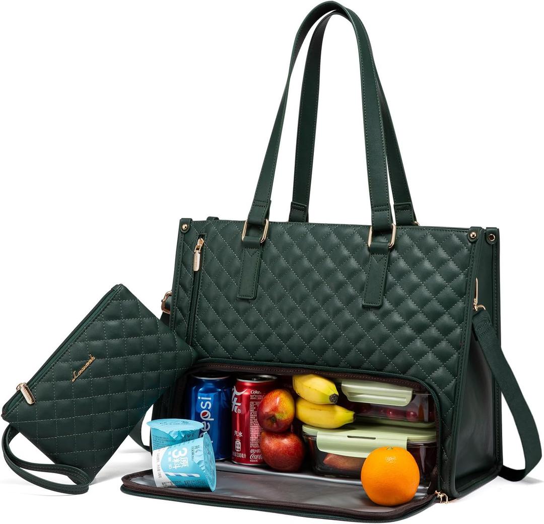LOVEVOOK Lunch Tote Bag for Women, 15.6 Inch Laptop Bag with Insulated Lunch Compartment, Quilted Large Capacity Computer Handbag with Purse for Business, Work, Nurse, Collage, Office, Casual, Green