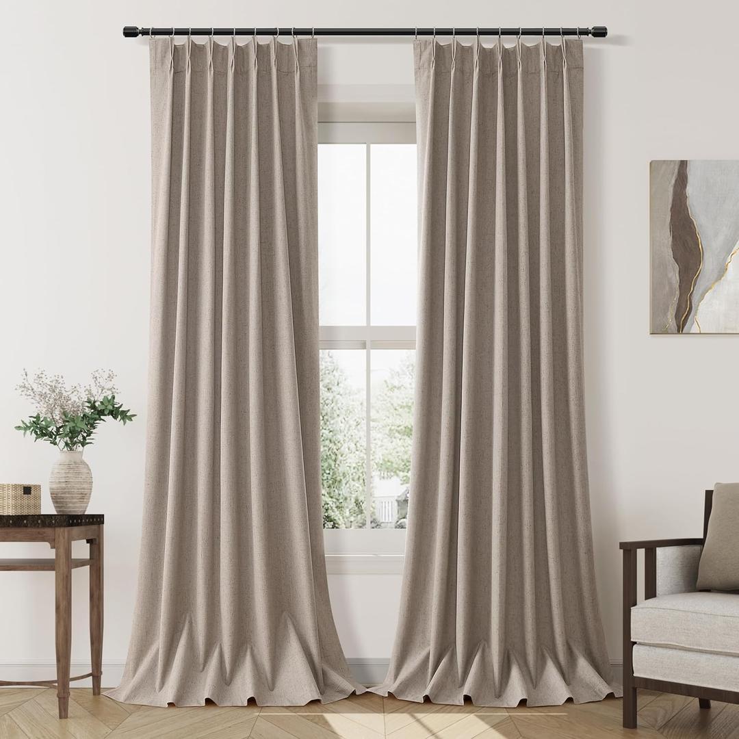 Camel Pinch Pleated Linen Blackout Curtains 84 Inches Long for Living Room 2 Panel Set 100% Black Out Pinch Pleat Hooks Rings Back Tab Drapes 84 Inch Curtain with Liner Bedroom Window