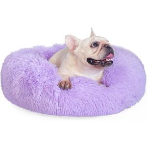 Purple Dog Bed Medium Size Dog 23 Inch Anti-Anxiety Donut Cuddler Bed, Warming Cozy Soft Fluffy Faux Fur Plush