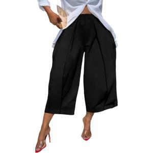 Tbahhir High Waisted Wide Leg Cropped Pants for Women Pleated Loose Fit Ankle Casual Palazzo Capri Trousers with Pockets (Black, XXL)