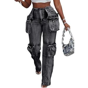 Women's Novelty Fashion Zip Side Slit High Waist Denim Jeans Pants with Multi Pockets, Size M