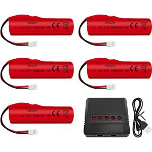 AMZZN 5PCS 3.7V 3000mAh Li-ion Battery with Molex Plug and 5-in-1 Charger for RC Engineering Vehicles,Drifting Vehicles,Trucks,Off-Road Cars,High-Speed Climbing Racing Cars,Remote Control Boats