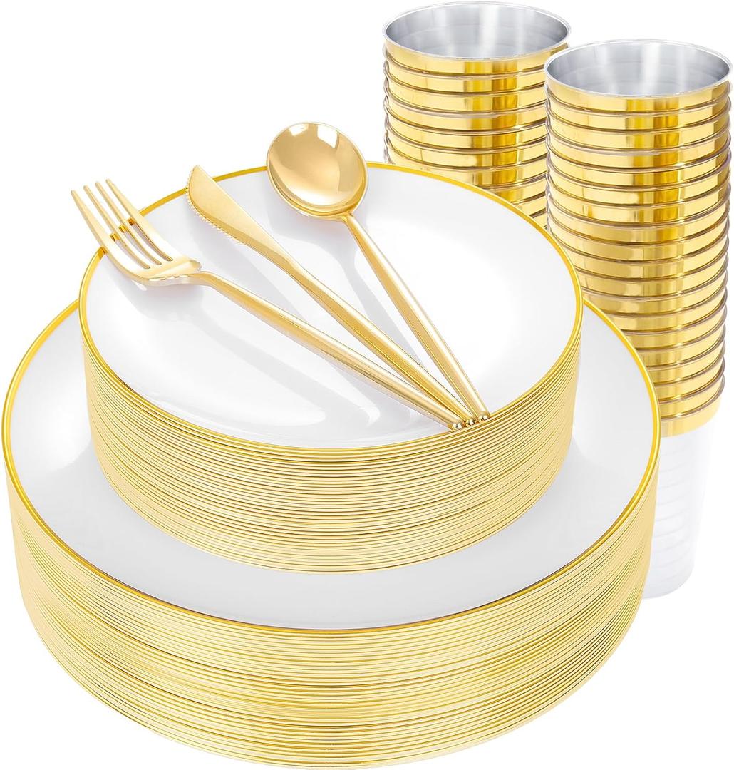 EI 180pcs White and Gold Plastic Plates,Gold Plastic Plates for Party,Fancy Plate Disposable Dinnerware Sets,Gold Disposable Silverware and Cups for Wedding,Baby Shower
