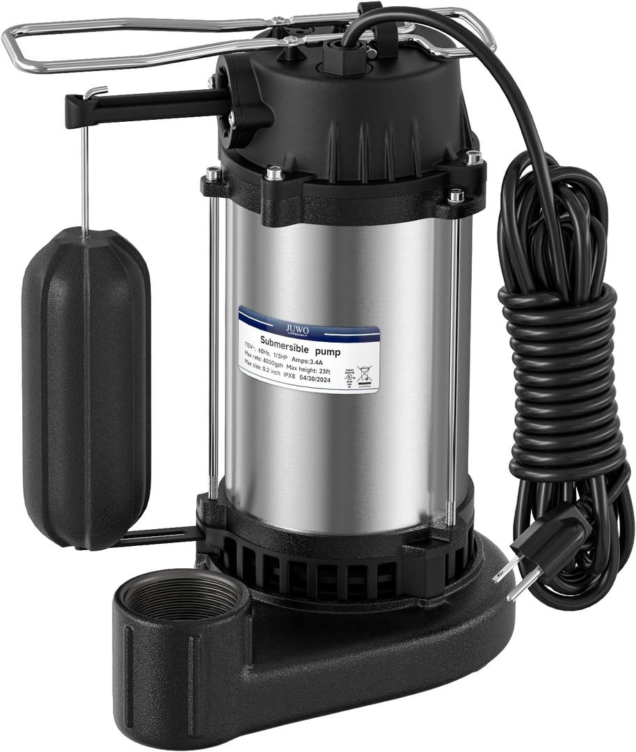 1/3 HP Sump Pump Submersible, 4000 GPH Automatic Sump Pump with Vertical Float Switch for Basement, Stainless Steel Submersible Water Pump, NPT 1-1/2" Discharge