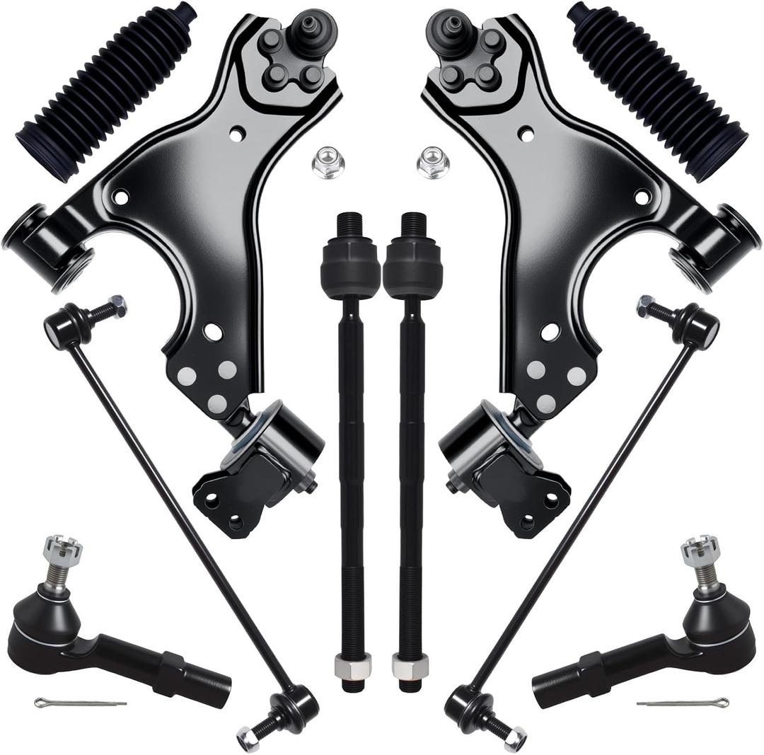 AUQDD 10Pc Front End Kit Fit For 2008-2017 Bu-ick Enclave Chevy Traverse, 07-16 G-MC Acadia, 07-10 Outlook, 2 Lower Control Arm 2 Sway Bar Link 4 Outer Inner Tie Rod End (# K621231 EV800572 K750155)