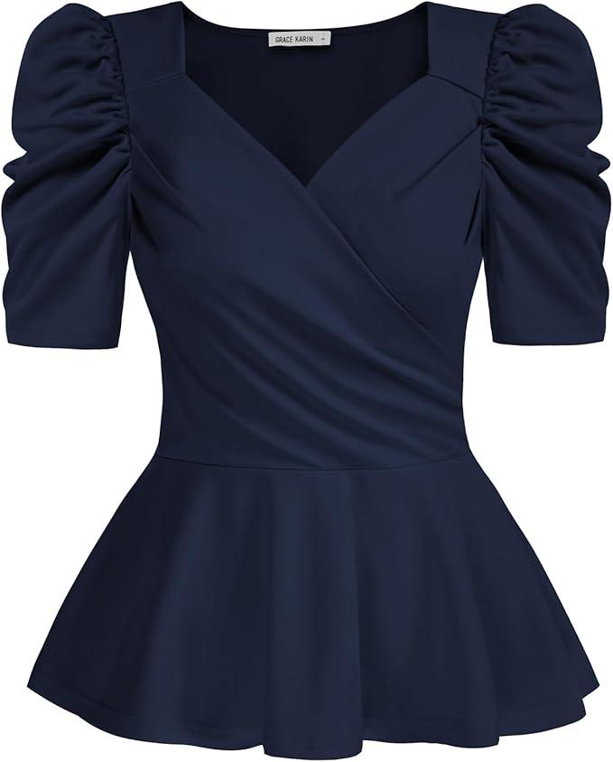GRACE KARIN 2025 Womens Tops Elegant Peplum Top Wrap V Neck Puff Short Sleeve Summer Tops Blouse, Navy Blue, M