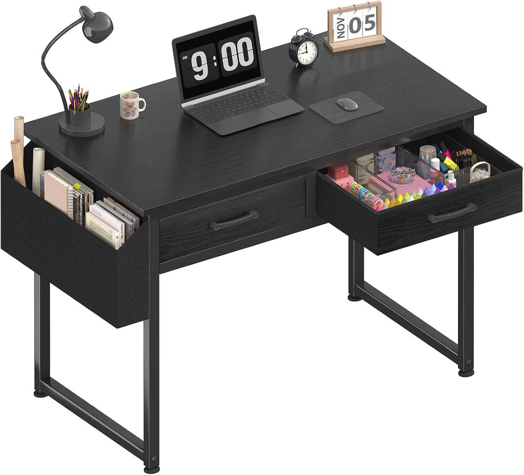 DLisiting Small Desk with Fabric Drawers for Bedroom, 32 Inch Gaming Desk with 2 Drawers for Small Space, Study Writing Table PC Desks, Black (31.5")