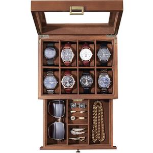 ProCase Wooden Watch Case, 8 Slot Mens Watch Box with Drawer, 2-Layer Mens Jewelry Box Storage Holder Organizer Display Case, Valentine Anniversary Birthday Gifts for Men Women -8 Slot, Brown