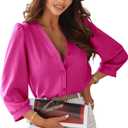 Women's Business Casual Tops Summer Long Sleeve Button Down Shirts V Neck Chiffon Blouses Large
