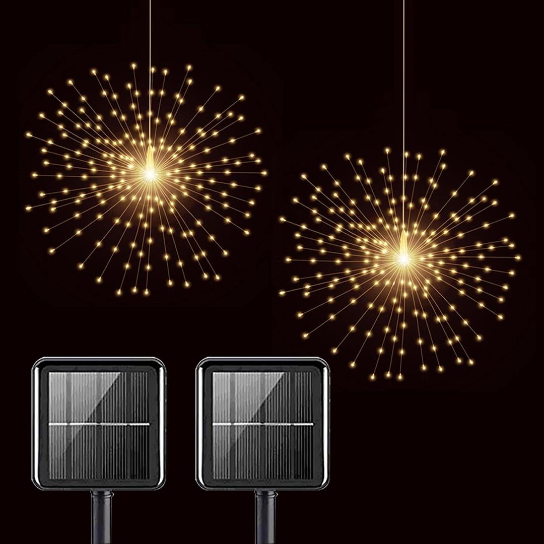 2 Pack Solar Starburst Sphere Lights,200 LED Firework Light 8 Modes Dimmable Waterproof Hanging Fairy Light, Copper Wire Lights for Tents Patio Parties Christmas-NO Remote (Warm White)