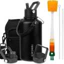 Insulated Water Bottle 64oz,Triple Wall Vacuum Stainless Steel(Dishwasher Safe),Leak Proof & Non-BPA,Flask Jug with Paracord Handle & Straw Spout Lids Sports Black