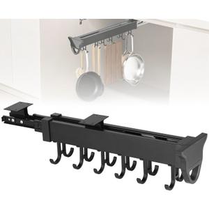Homaisson Pull Out Hanging Pot Rack, 12-Hook Extendable Sliding Rail Organizer, Metal Pull Out Pan Rack for Under Cabinet, Adjustable Pot Pan Organizer, Multi-Use for Cupboard Closet