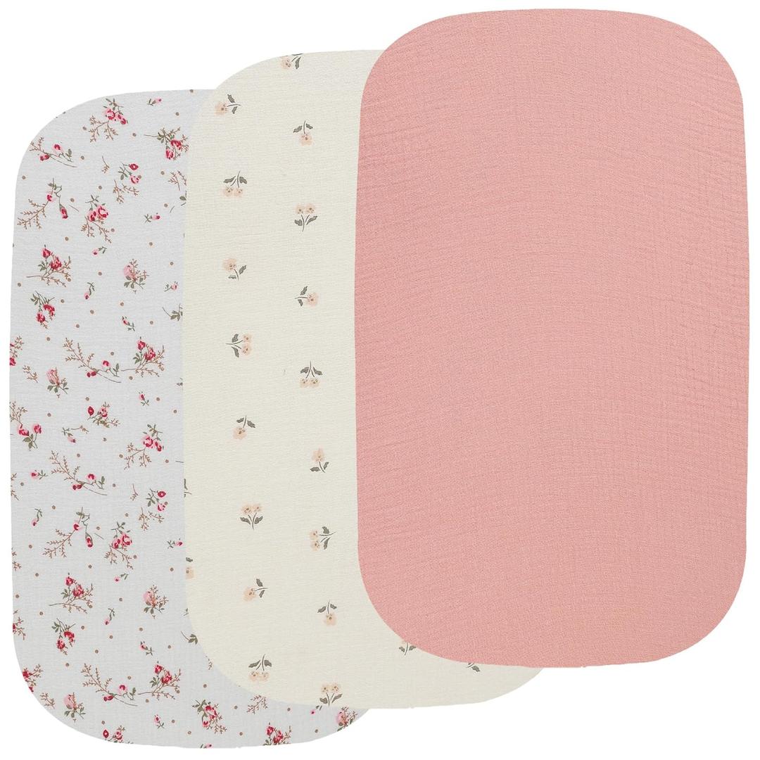 Onacosht Muslin Bassinet Sheets 3 Pack, 100% Cotton Baby Fitted Sheet 33" X 17" for Rectangle, Round, Oval, Hourglass Mattress, Pink and Floral