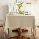 1 Pack Heavy Duty Cotton Tablecloth Soft Wrinkle Resistant Fabric with Decorative Tassles Fringe for Kitchen Dining Table, Warm Beige, 55x70 Inch