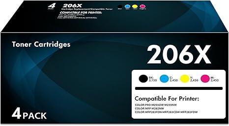 206X Toner Cartridges 4 Pack High Yield Compatible for HP 206X 206A W2110A W2110X for Color Laserjet Pro MFP M283fdw M283fdn M283cdw M255dw M255nw M282nw Printer Ink (Black/Cyan/Yellow/Magenta)