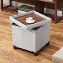 15 Inch Storage Ottoman with Wooden Legs - Cube Foot Rest Stool, Square Footstool, Comfortable Seat with Lid, Foldable Fabric Ottoman, Space-Saving White (Squ Light Grey)