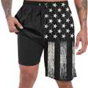 Mens Swim Trunks with Compression Liner, Vintage Black USA Flag Men Bathing Suit Swimming Trunks 9 Inch Inseam Board Shorts Men's Swimwear, 4 Way Stretch Beach Shorts Quick Dry Swimsuits, XL
