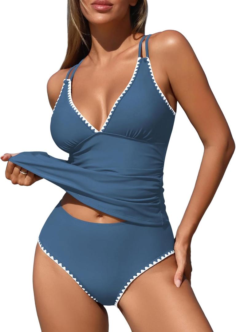 ZAFUL Womens Tankini Swimsuits V Neck Push Up Swim Top Color Block Tummy Control High Waisted Bathing Suits Swim Bottom (Medium, A-peacock Blue)
