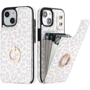 HAOPINSH for iPhone 13/ iPhone 14 Wallet Case with Card Holder, 360Rotation Ring Kickstand, White Leopard Cheetah Pattern, RFID Blocking Leather for Girls Women, Double Buttons Flip 6.1"