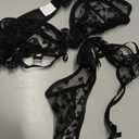 Sexy Womens Underwire Strappy Embroidered Mesh Sheer Lingerie V Neck Set See Bra 2 Piece (Small, Black)