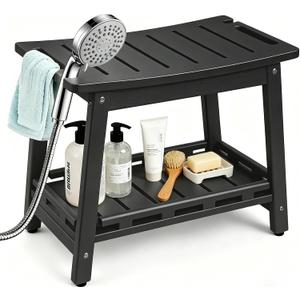 Large HDPE Shower Bench Seat for Shaving Legs, Waterproof Shower Stool with Storage Shelf for Bathroom, Black, 20.8*12.6*17.3in