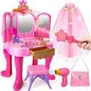 AugToy Toddler Vanity Magic Makeup Set Table and Chair Girl Toy Automatically Mirror with Music Light Pink Toys Girls Hair Salon Pretend Play Princess Dress Up Playset Gift Toddler