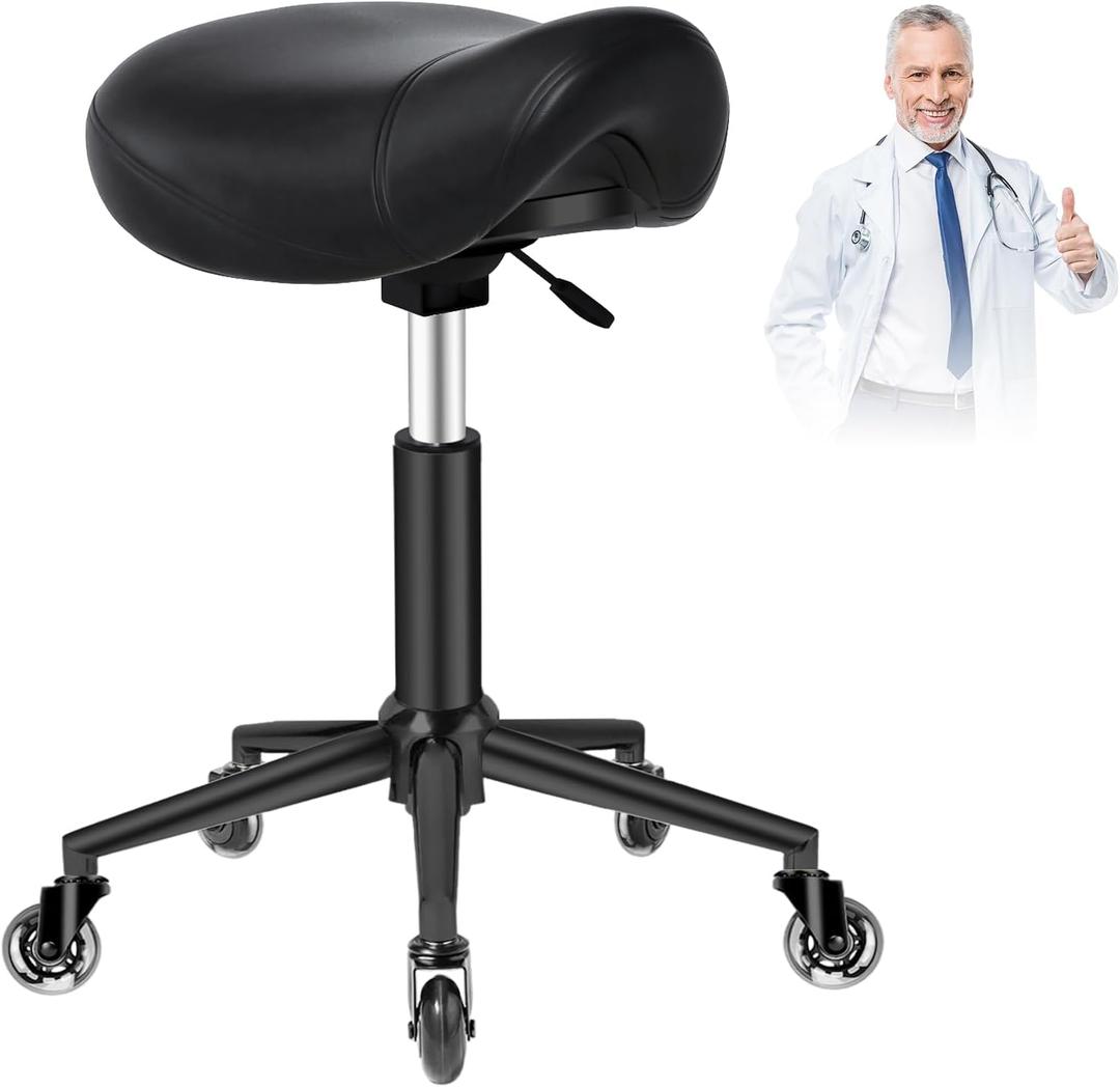 Saddle Stool Heavy Duty 400lbs - Ergonomic Thick Saddle Seat Cushion, Easy Height Adjustable, Healthy Posture No Pain, Smooth Rolling No Creaky Noises, Rolling Saddle Stool Chair with Wheels (Black1), 16.5 inches x 19 inches x 19 inches