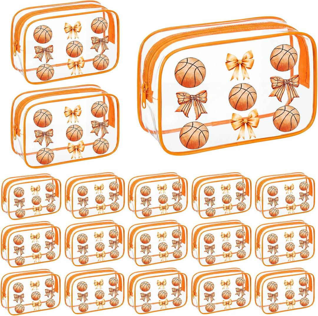 18 Pcs Basketball Clear Makeup Bags 7 x 4.7 x 2.4 Inch Basketball Goodie Gift Bags Waterproof PVC Cosmetic Pouch with Zipper Portable Travel Pouch Organizer for Team Gift & Sport Party Favor