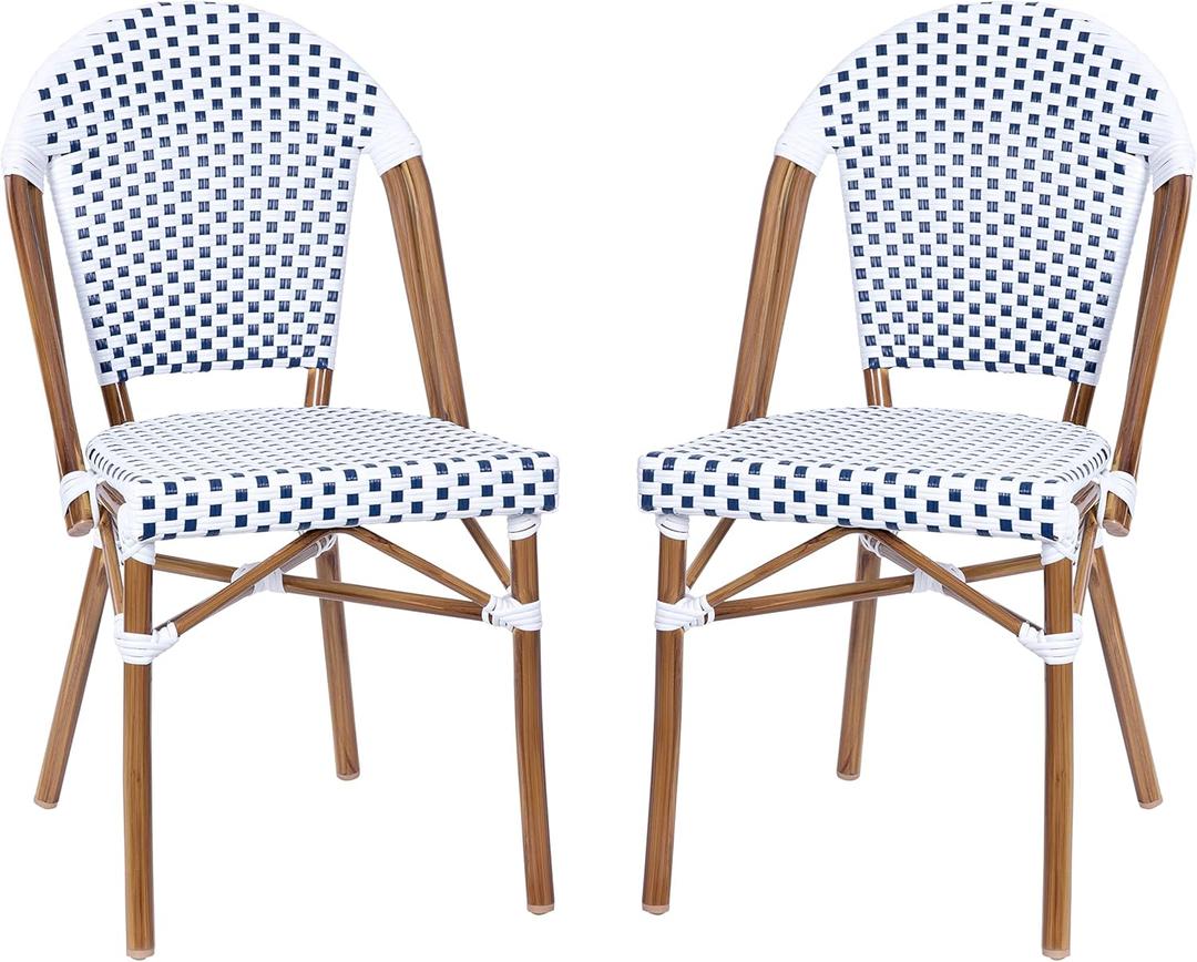 Flash Furniture Lourdes Set of 2 Indoor/Outdoor Commercial Bistro Stack Chairs - White/Gray PE Rattan Back and Seat - Natural Bamboo Print Aluminum Frame