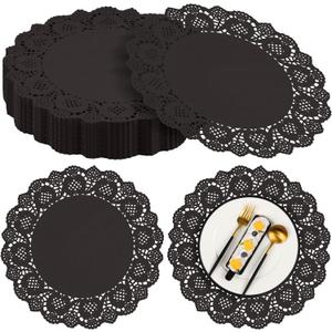 MCEAST 100 Pack Round Black Paper Doilies 13.5 Inches Lace Paper Place Mats Rustic Scallop Doily Disposable Table Pads for Food Cakes Crafts Party Weddings Tableware Decor