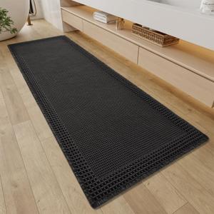 RESARE Waffle Bathroom Runner Rugs, Super Absorbent Bath Mat Non Slip Washable Quick Dry, Upgraded Ultra Soft Boho Bath Rugs with Tassels for Hallway Bedroom Laundry Room, 2'x6'(24"x72"), Black