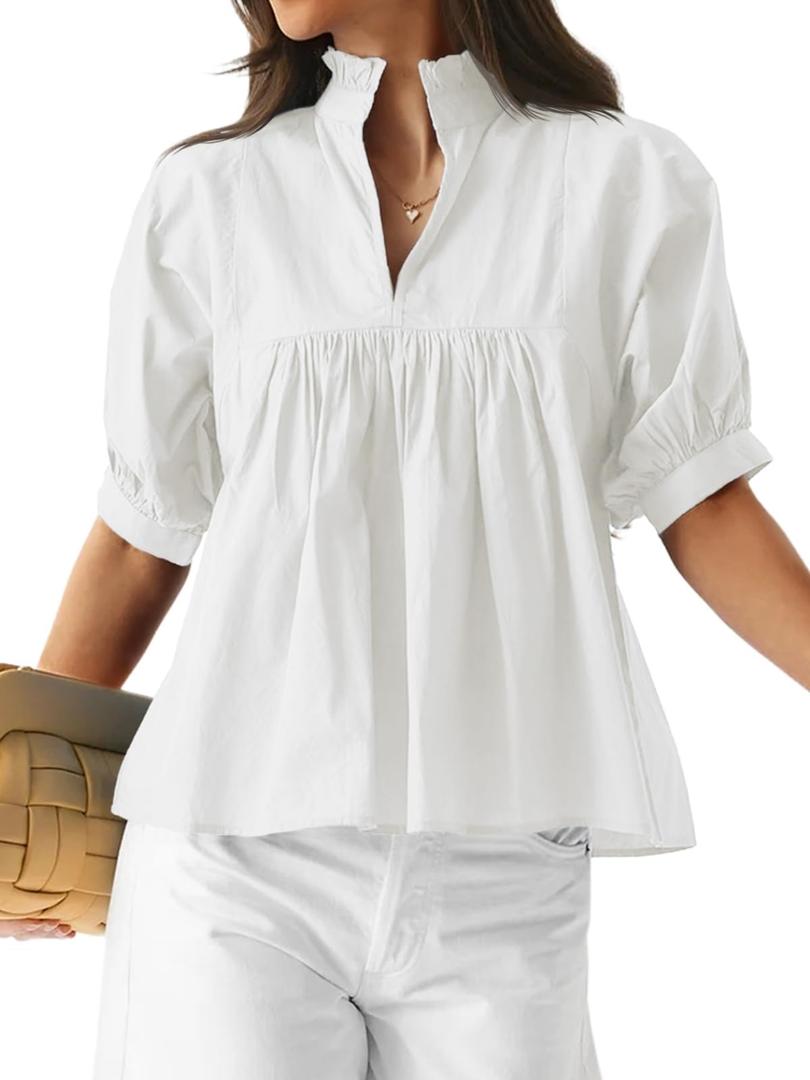 Skoinvb Womens Summer Babydoll Tops V Neck Short Puff Sleeve Peplum Shirt Loose Fit Casual Pleated Blouse White XL (White, XL)