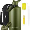 COKTIK 128 oz Insulated Water Bottle, Triple Wall Stainless Steel Flask, Keeps Drinks Cold for 48 Hrs Leak-Proof & BPA-Free Half Gallon Jug with Paracord Handle, Straw & Spout Lids(Army Green)