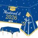 3 Pack Graduation Tablecloth Class of 2026 - Mastered it Royal Blue & Gold Graduation Decorations - Disposable Plastic Table Covers for Party Supplies (108 x 54 Inch)