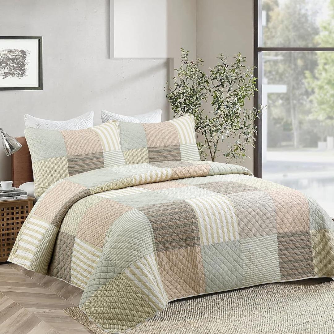 Cozy Line Home Fashions Earth Tone Brown Tan Beige Stripe Checker Patchwork Cotton Reversible 3 Piece Quilt Bedding Set (King)