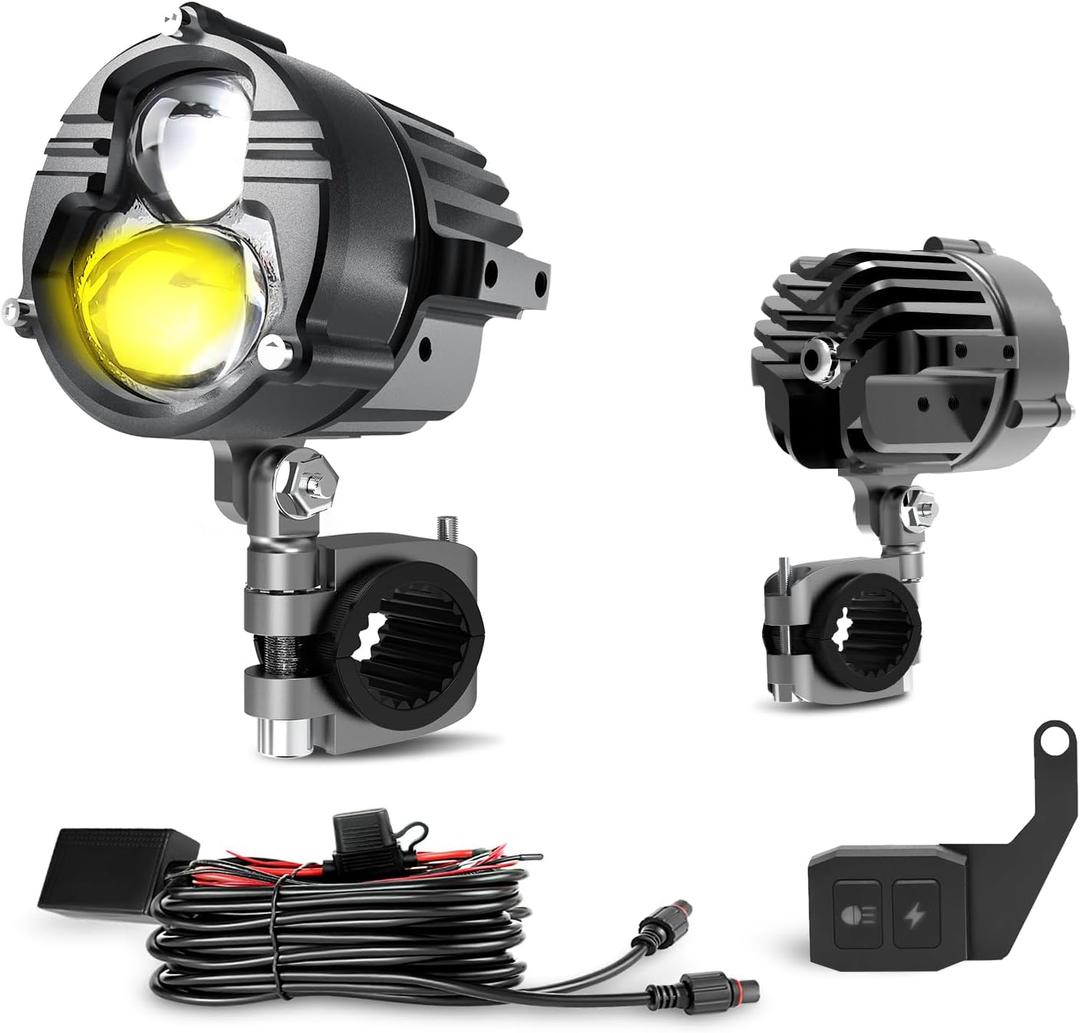 BraveWAY 100W Motorcycle Fog Lights Kit Auxiliary Driving Light Amber White Dual Color Strobe Modes with 6FT Waterproof Wiring Harness Kit Remote Switch, Pair