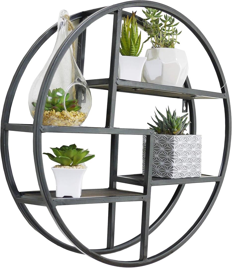 Admired By Nature, 18" Mounted Iron Circle Hanging Storage Shelving Floating Shelf 4 Tier Floating Circular Wall Decor Round Decorative Hanging Shelves, Sphere Shape Wall Shelf For Home, Black, 1 unit (Brown Wooden Round Small)