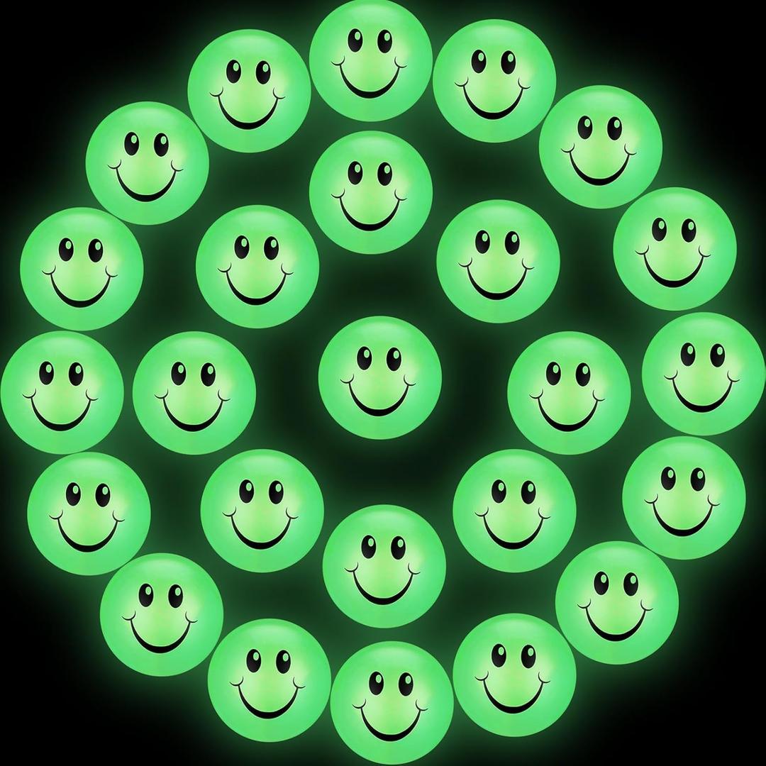 Kasyat 24 Pcs Glow in The Dark Smile Face Bouncing Balls, Mini High Bounce Bouncy Balls for Teens, Glowing Halloween Birthday Party Favors Goodie Bag Fillers for Boys and Girls 6 Years Old +