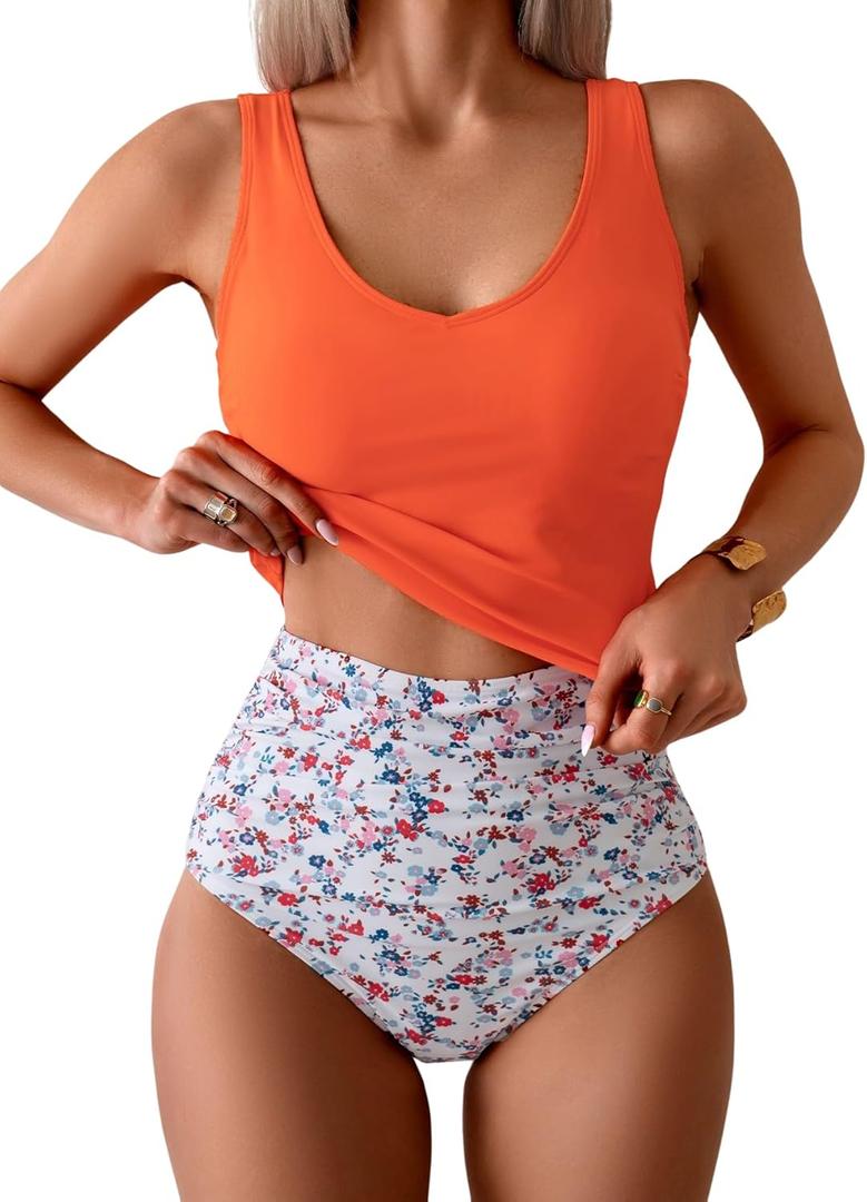 Eomenie Two Piece Tankini Swimsuits for Women Tummy Control Bathing Suits Cutout Back Swim Tank Top with High Waisted Bottom (Small, Orange Floral)