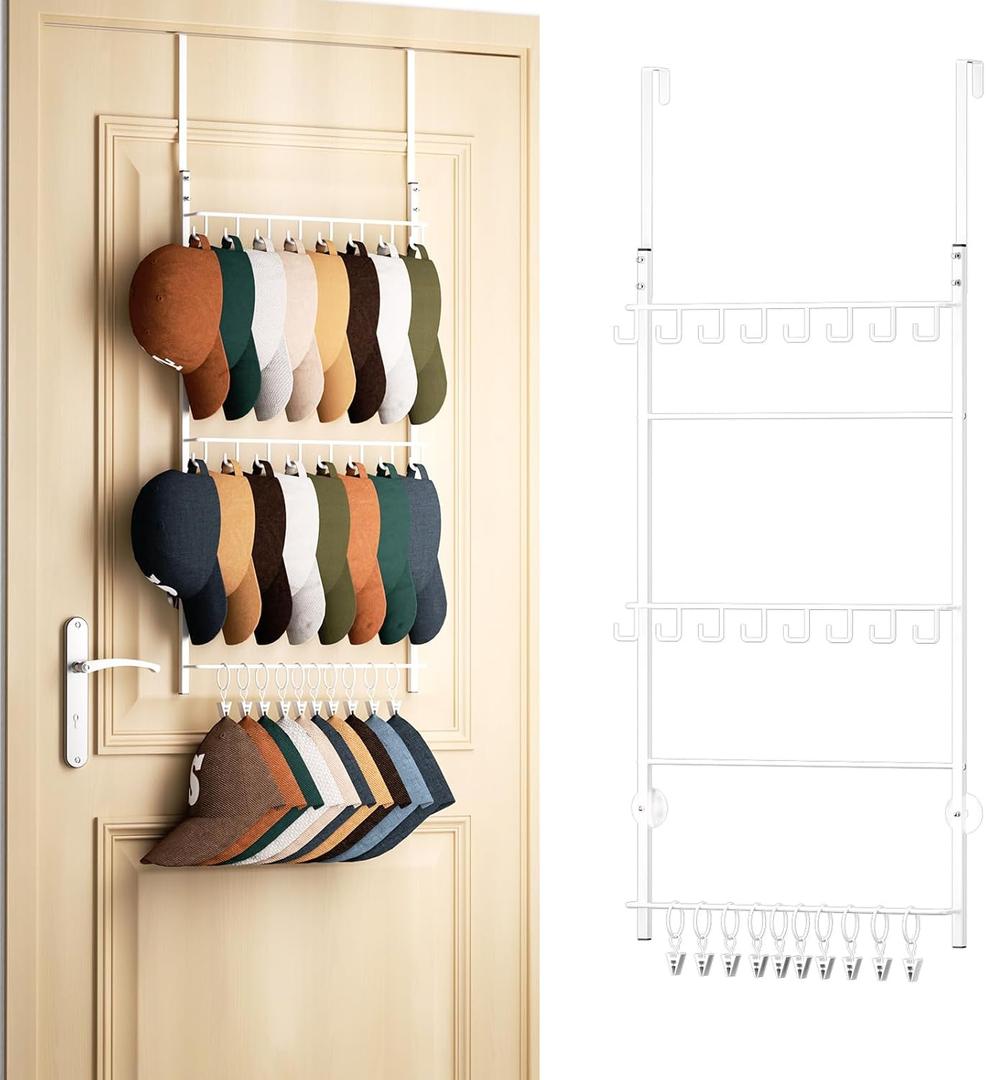 HapiRm Over Door Hat Rack - 3 Tier Wall Mounted Hat Organizer with 16 Hooks and 10 Movable Clips, Baseball Cap Organizer Storage Holds up to 26 Caps for Door, Bedroom, Closet USPTO Patent Pending (White)