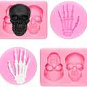 Patelai 4 Pcs 3D Halloween Skull Silicone Mold Skeleton Hands Fondant Cake Pan Mold Pumpkin Maple Leaf Chocolate Candy Clay Mould for Party DIY Cake, Pudding,epoxy Resin(Pink,Skull)