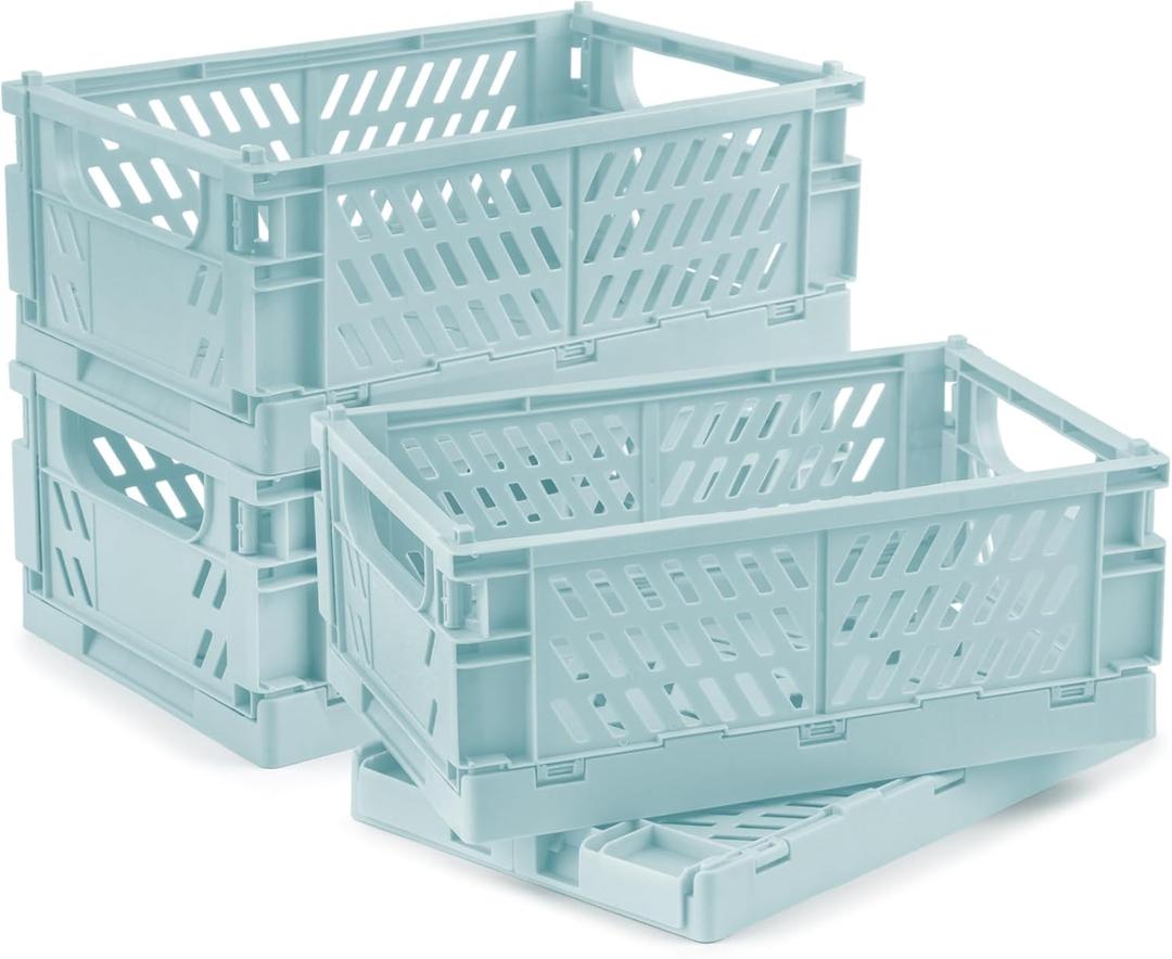 4 Pcs Collapsible Storage Crates, 10x6.5x4 inches Space-Saving Folding Containers, Stackable Plastic Boxes for Home Kitchen Office Bedroom Bathroom, Light Blue, Medium