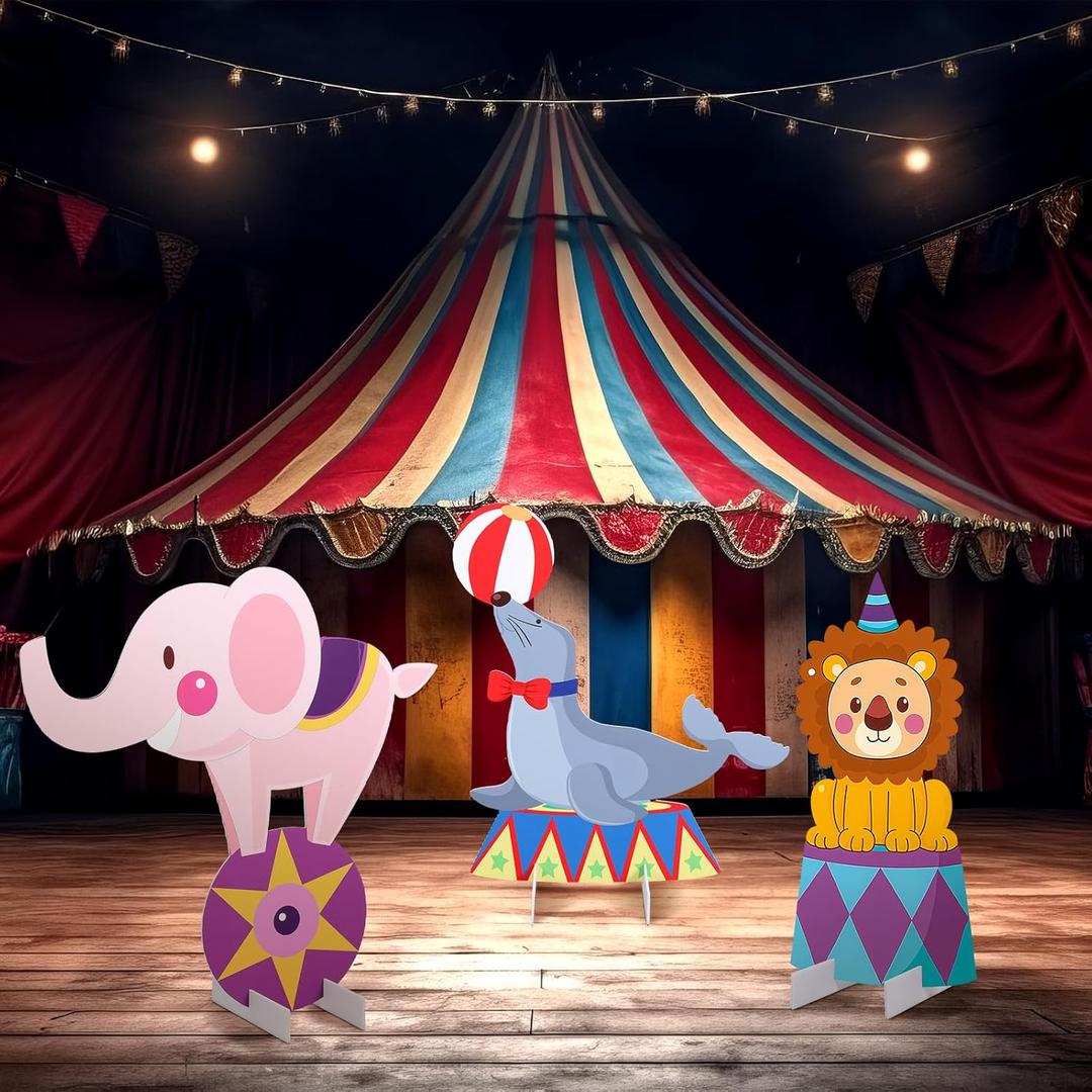 Leinuosen 3 Pcs Large Carnival Party Stand Decorations Set Circus Animal Baby Shower Cardboard Cutouts Decorations Carnival Theme Birthday Camping Party Supplies Circus Decor for Girls Boys