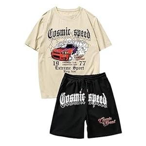GORGLITTER Men's 2 Piece Outfits Bear Letter Print Graphic Tee and Drawstring Waist Track Shorts Set Khaki and Black, Small